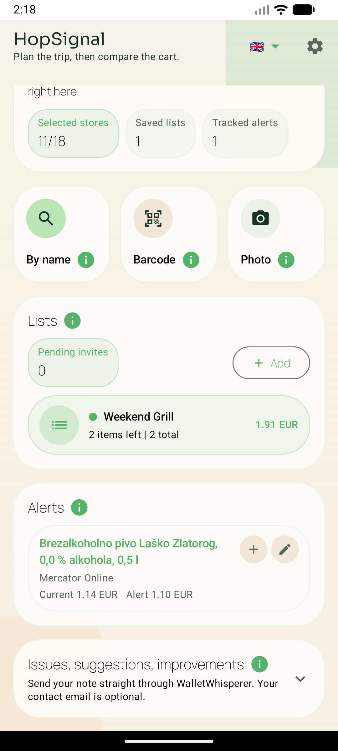 ThriftTick home overview screen with search actions, lists, and alerts