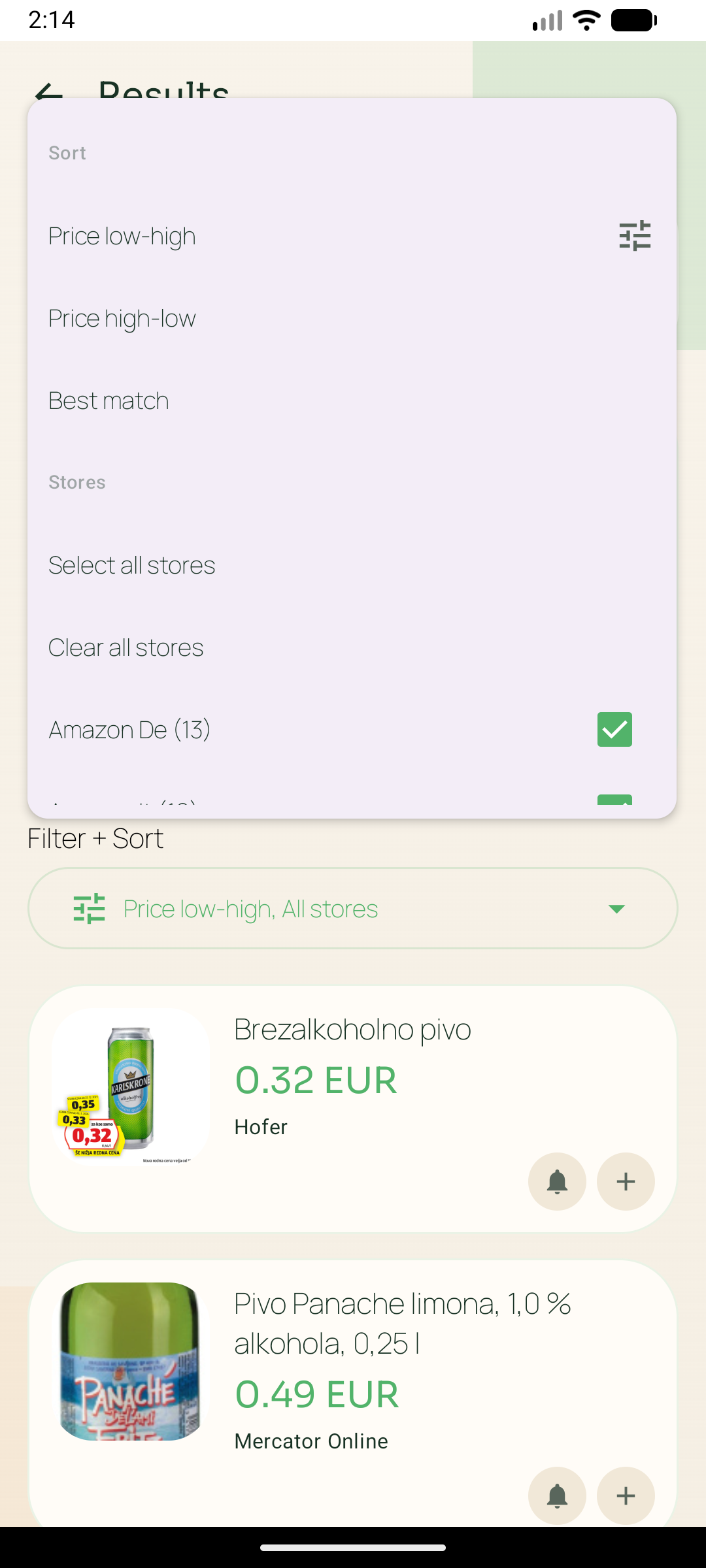 Store filter bottom sheet with country and store-type options