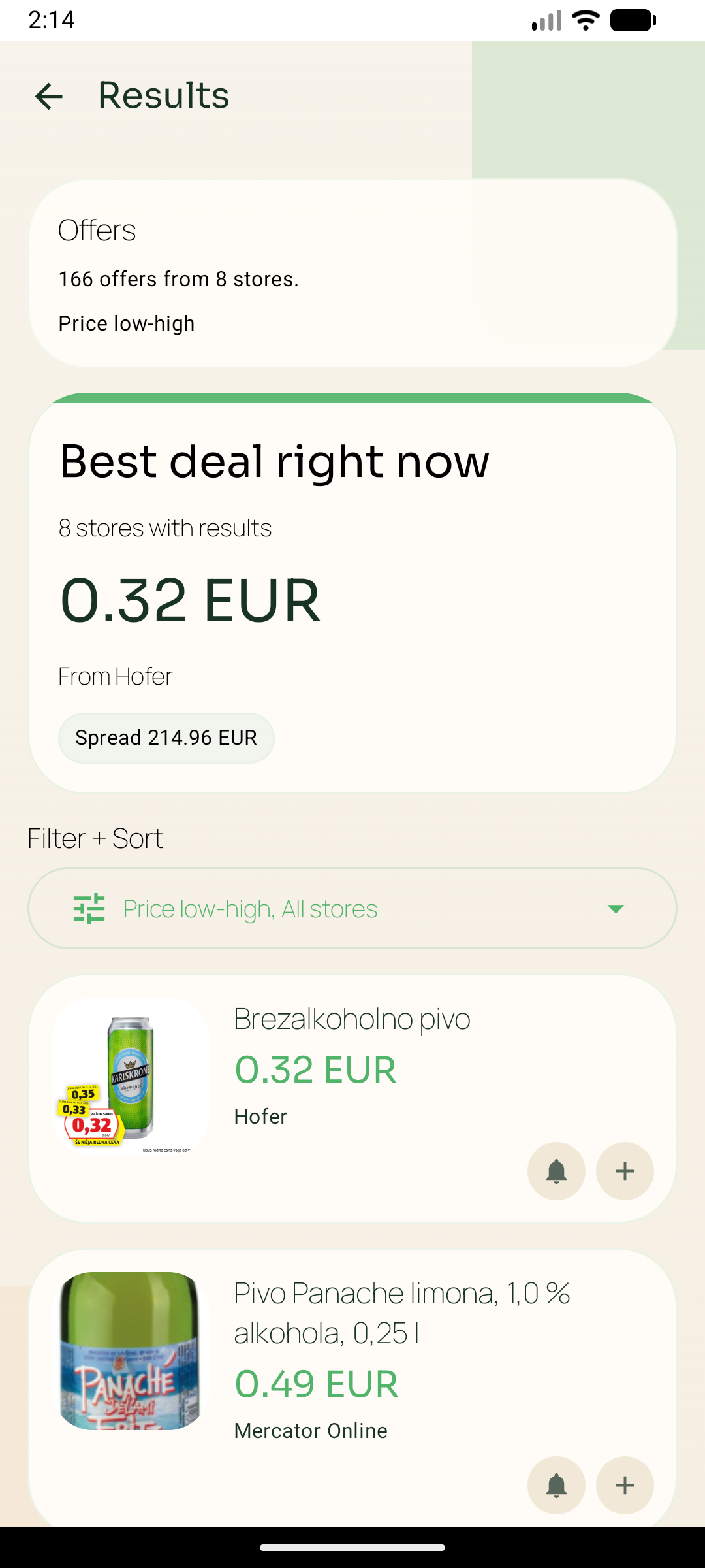 ThriftTick search results showing live olive oil offers across stores