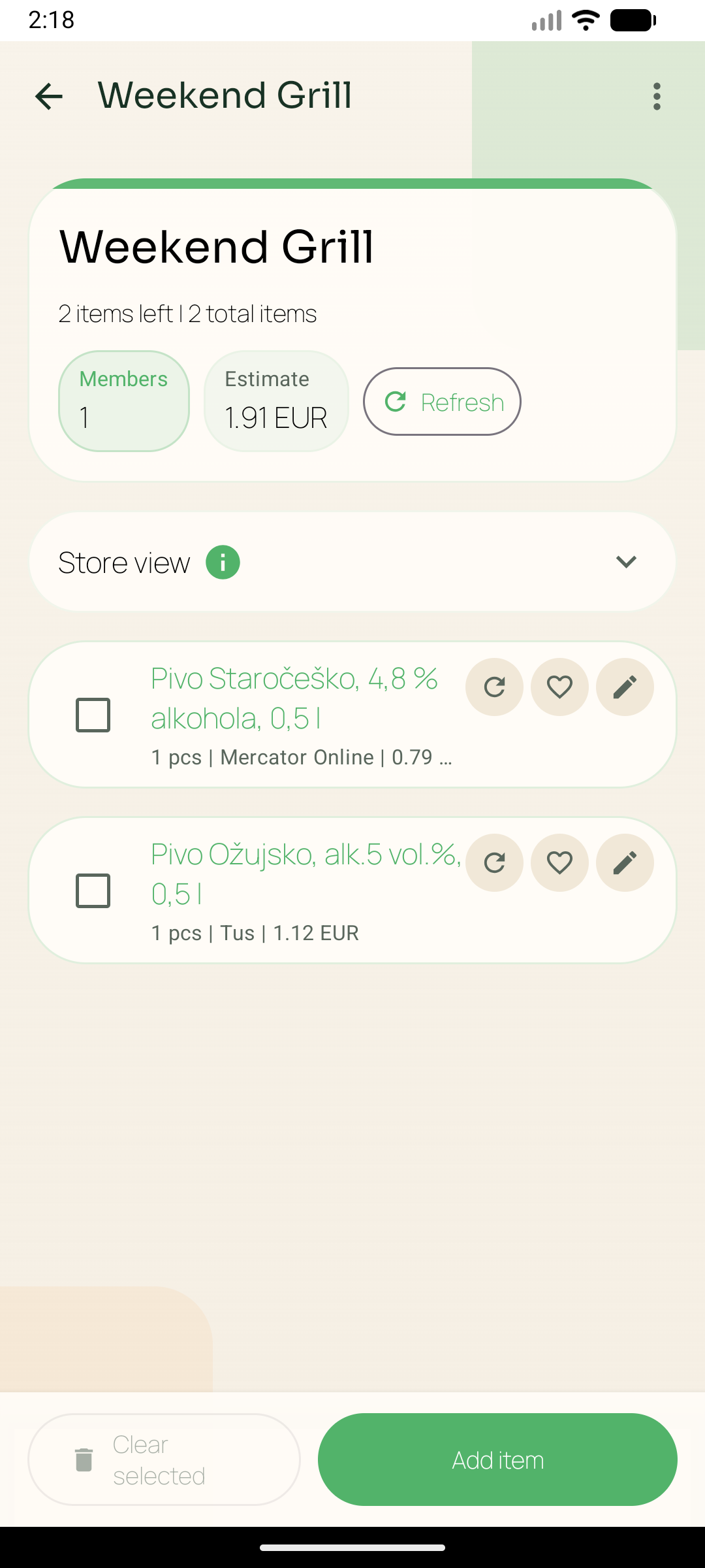 Weekend Grill shared shopping list with estimates, refresh matches, and store-linked items