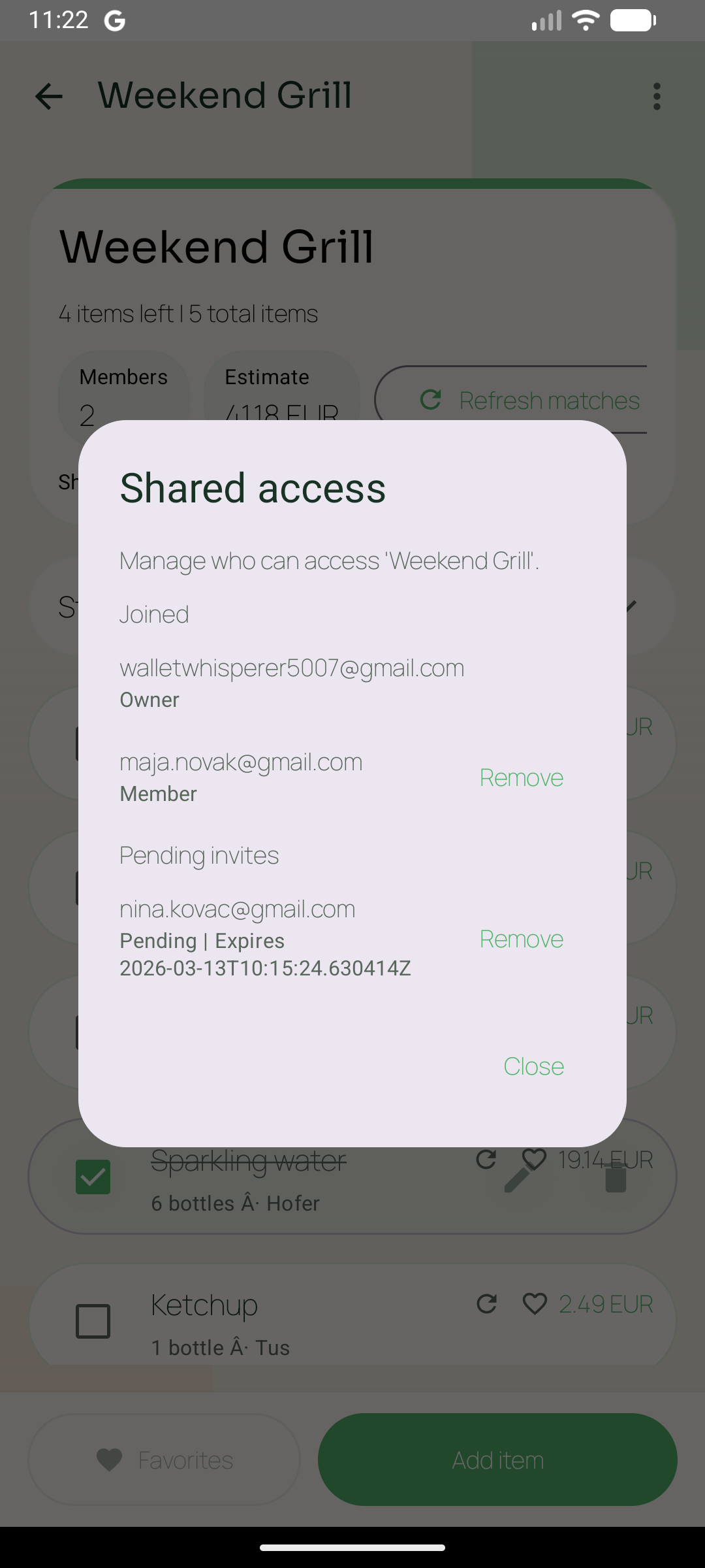 Shared access dialog showing owner, joined member, and pending invite