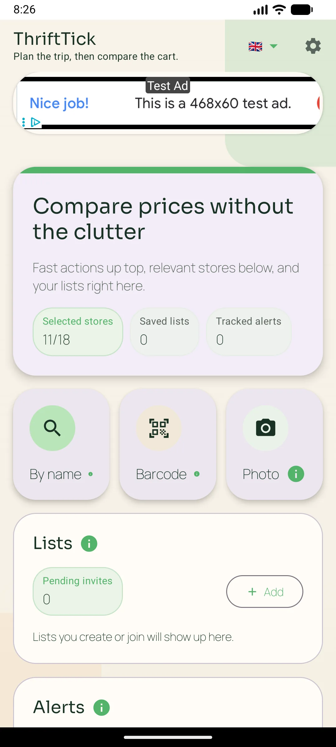 ThriftTick home screen